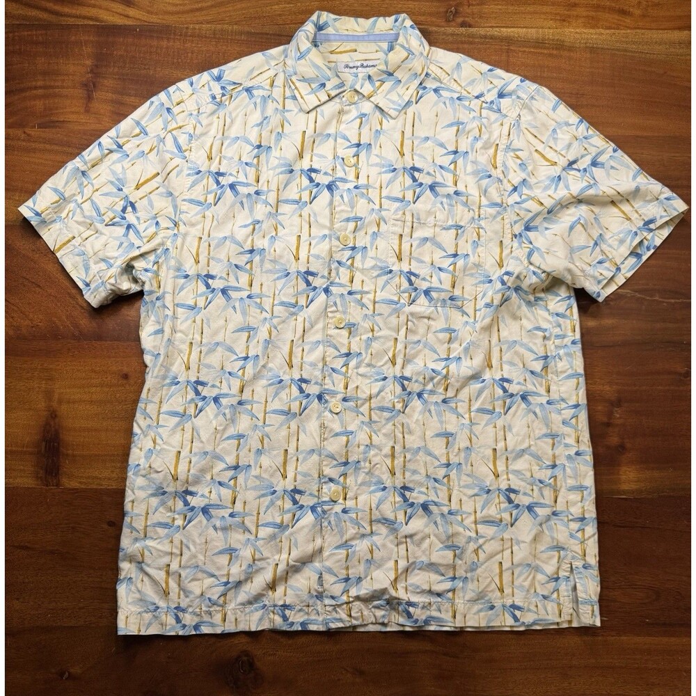 Tommy Bahama Shirt Mens M Medium Silk Bamboo Tropical Button Front Camp Blue